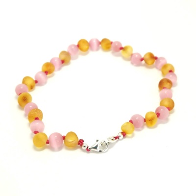 Unpolished Honey Amber and Pink Cats Eye Mix Adjustable Anklet / Bracelet